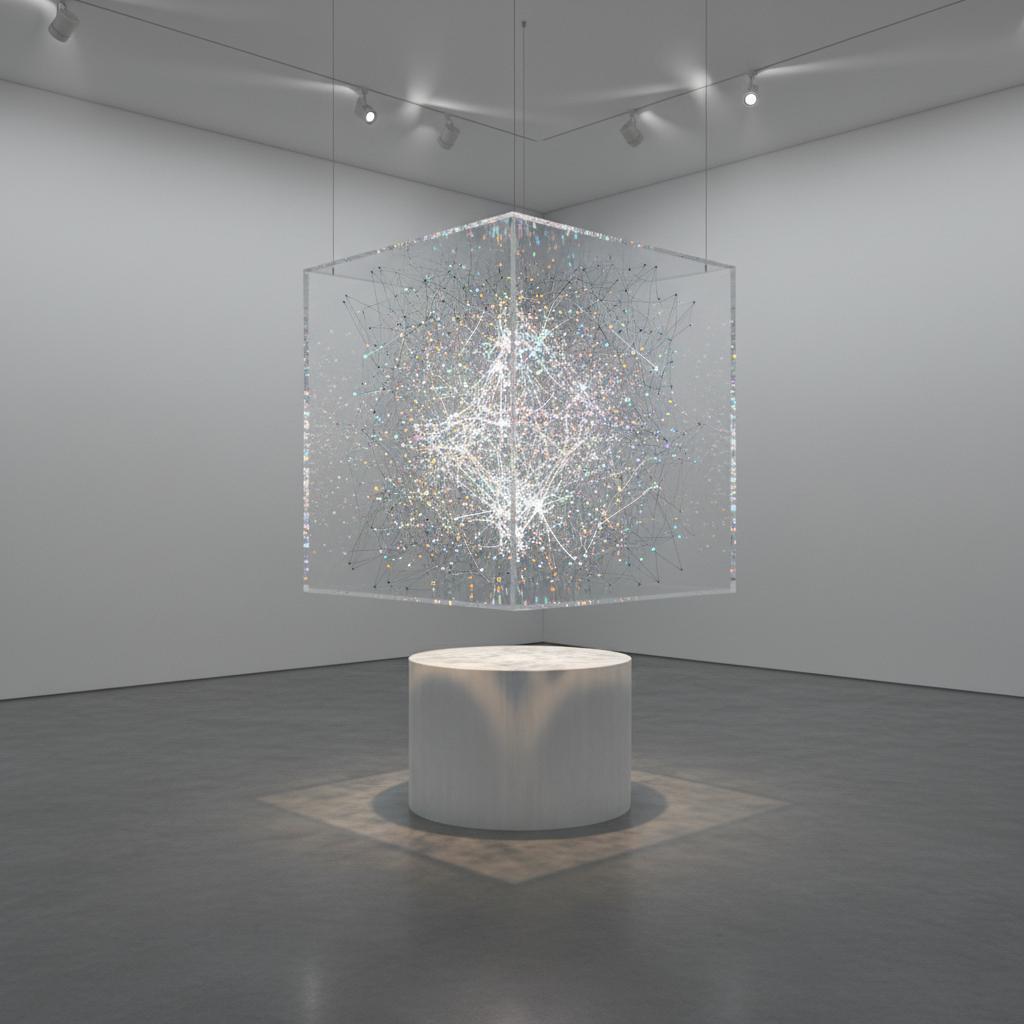 A large, transparent acrylic cube suspended above a minimalist pedestal, inside of which thousands of tiny illuminated points and filaments form a dynamic, three-dimensional web representing artificial intuition. Each point glows with a distinct color temperature, suggesting different data streams converging into emergent understanding. The cube stands in a pristine, gallery-like space with polished concrete floors and clean white walls. Overhead, soft, diffused spotlights create crisp highlights on the acrylic edges and delicate shadows beneath the pedestal. Photographic realism, shot at a three-quarter angle with ample negative space, produces a contemplative, almost museum-like atmosphere, emphasizing the elegance and sophistication of advanced cognitive systems.