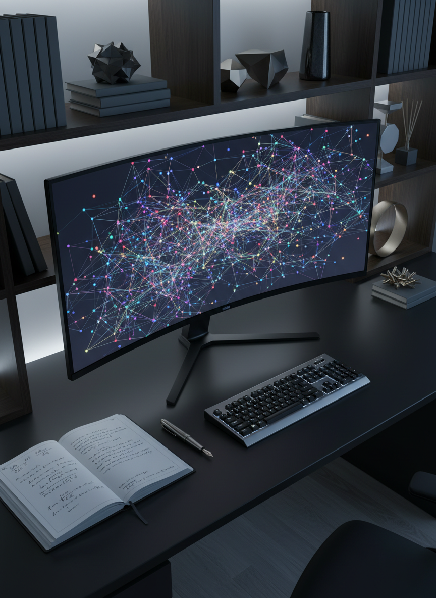 An ultra-modern, matte-black workstation dominated by a large curved monitor displaying a detailed visual of quantitative complexity: multicolored nodes and directed links woven into a dense, three-dimensional network. On the desk, a heavy open notebook filled with tidy, handwritten equations is flanked by a brushed aluminum mechanical keyboard and a precision-engineered metal pen. The environment is a quiet, high-tech study with dark wood shelves lined by abstract, spine-free volumes and geometric metal objects. Cool, indirect LED strip lighting traces the edges of the desk, creating subtle rim light and reflections. Photographic realism, captured from a slightly elevated angle with balanced composition, establishes a mood of disciplined research and theoretical depth.