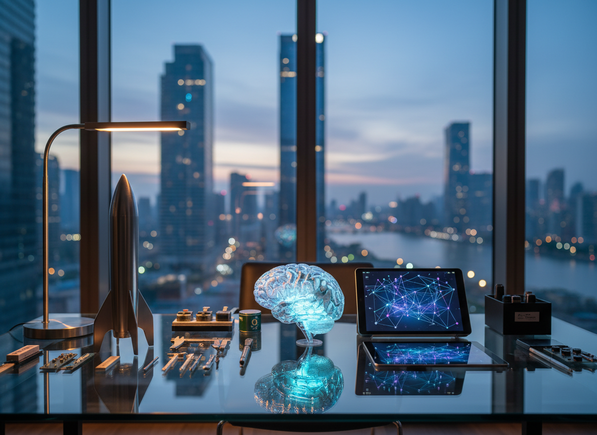 A sleek, glass-topped executive desk covered with precisely arranged scientific instruments and entrepreneurial artifacts: a polished metal rocket model, a transparent 3D-printed brain sculpture glowing faintly from within, and a black tablet displaying a complex network graph of interconnected nodes. The desk sits before a floor-to-ceiling window overlooking a modern cityscape at dusk. Cool, diffused twilight blends with the warm glow of a minimalist desk lamp, casting crisp, professional reflections on the glass surface. Photographic realism, shot at eye level with a shallow depth of field, keeps the objects in sharp focus while the city blurs into soft bokeh, conveying intellect, innovation, and high-level scientific entrepreneurship.